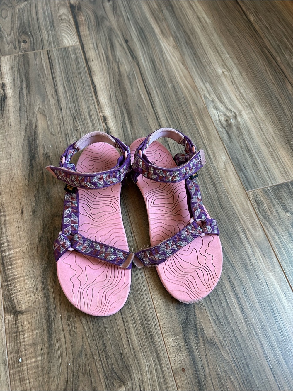 Teva Pink Footbed Sandals with Purple Patterned Straps